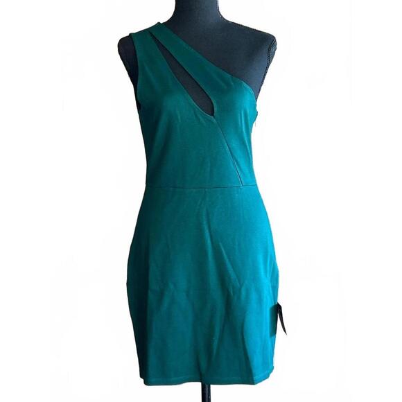 NWT Lulus Mini Dress Large Hunter Green One Shoulder Cutout - Picture 1 of 6